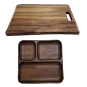 BergHOFF Acacia Wood 2Pc Divided Tray and Cutting Board Set Food Storage,Kitchen Storage