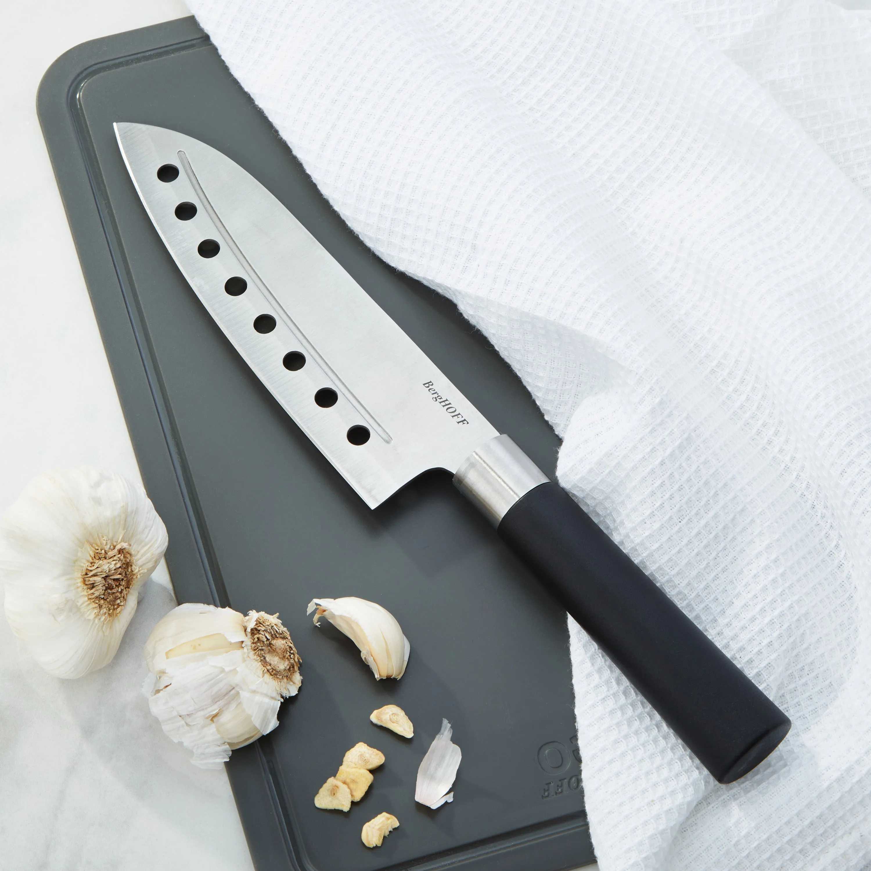 BergHOFF DiNA Codon Stainless Steel Santoku Knife with Holes, 6.75"