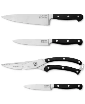 BergHOFF Essentials 4Pc Triple Riveted Cutlery Set, Peeling, Utility, Poultry Shears, Chefs, Stainless Steel Sharp Blade Food Storage,Kitchen Storage
