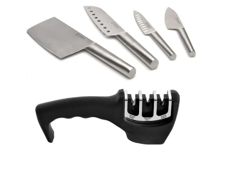 BergHOFF Straight 5pc 18/10 Stainless Steel Specialty Knife Set with 3-Slot Sharpener Food Storage,Kitchen Storage