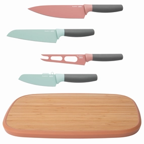 BergHOFF Leo 5Pc Cutlery & Board Prep Set, Pink, Green Food Storage,Kitchen Storage