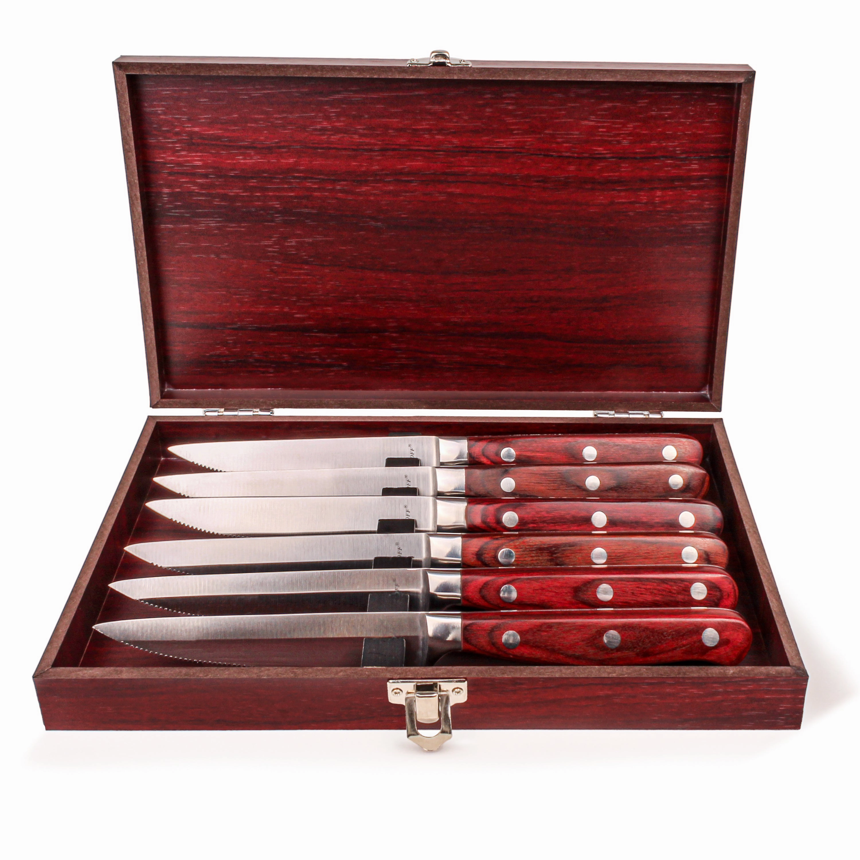 BergHOFF Pakka Wood 7pc Stainless Steel Steak Knife Set with Wood Case Food Storage,Kitchen Storage