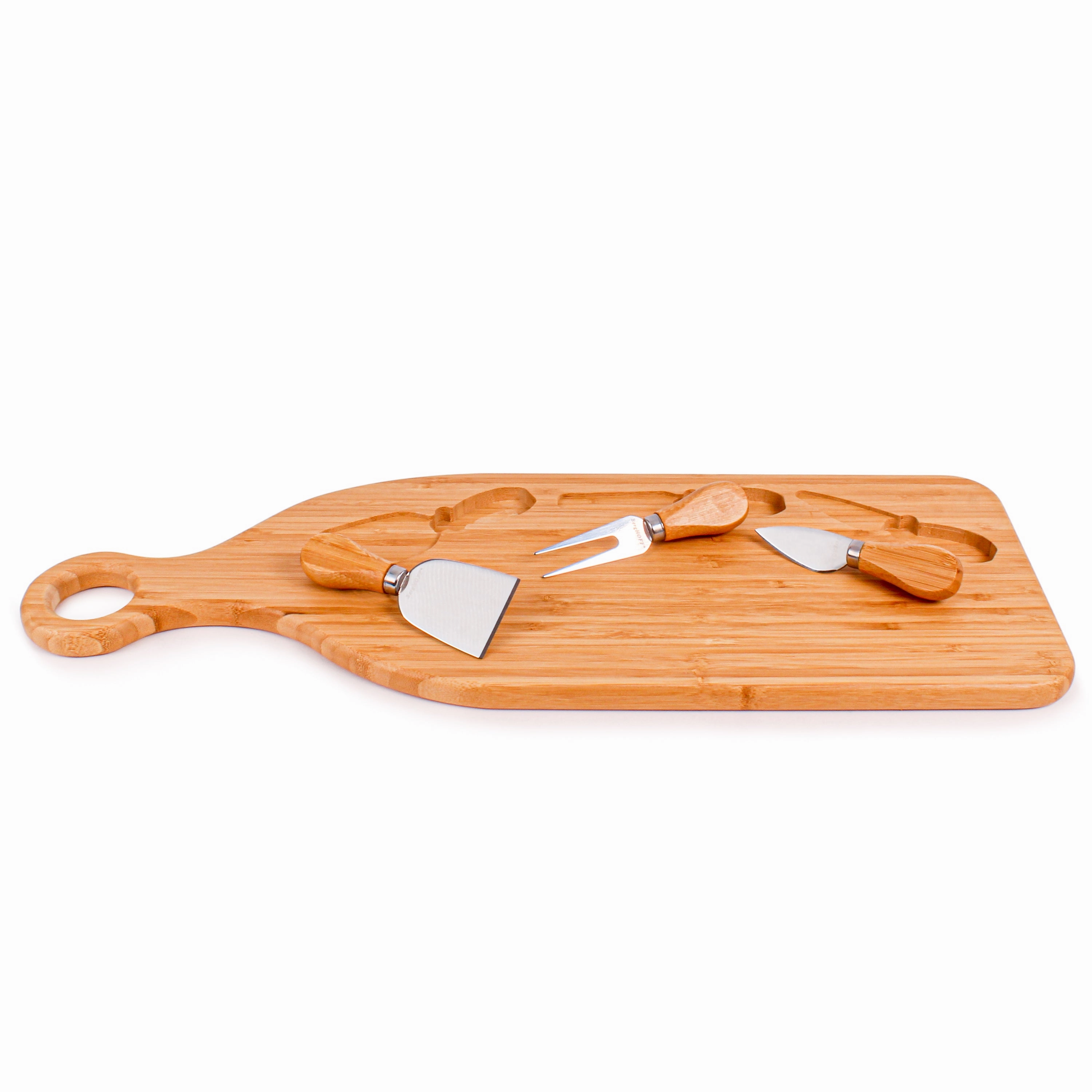 BergHOFF Stainless Steel 4pc Cheese Knives with Bamboo Paddle Board Set, 22x7.9x1"