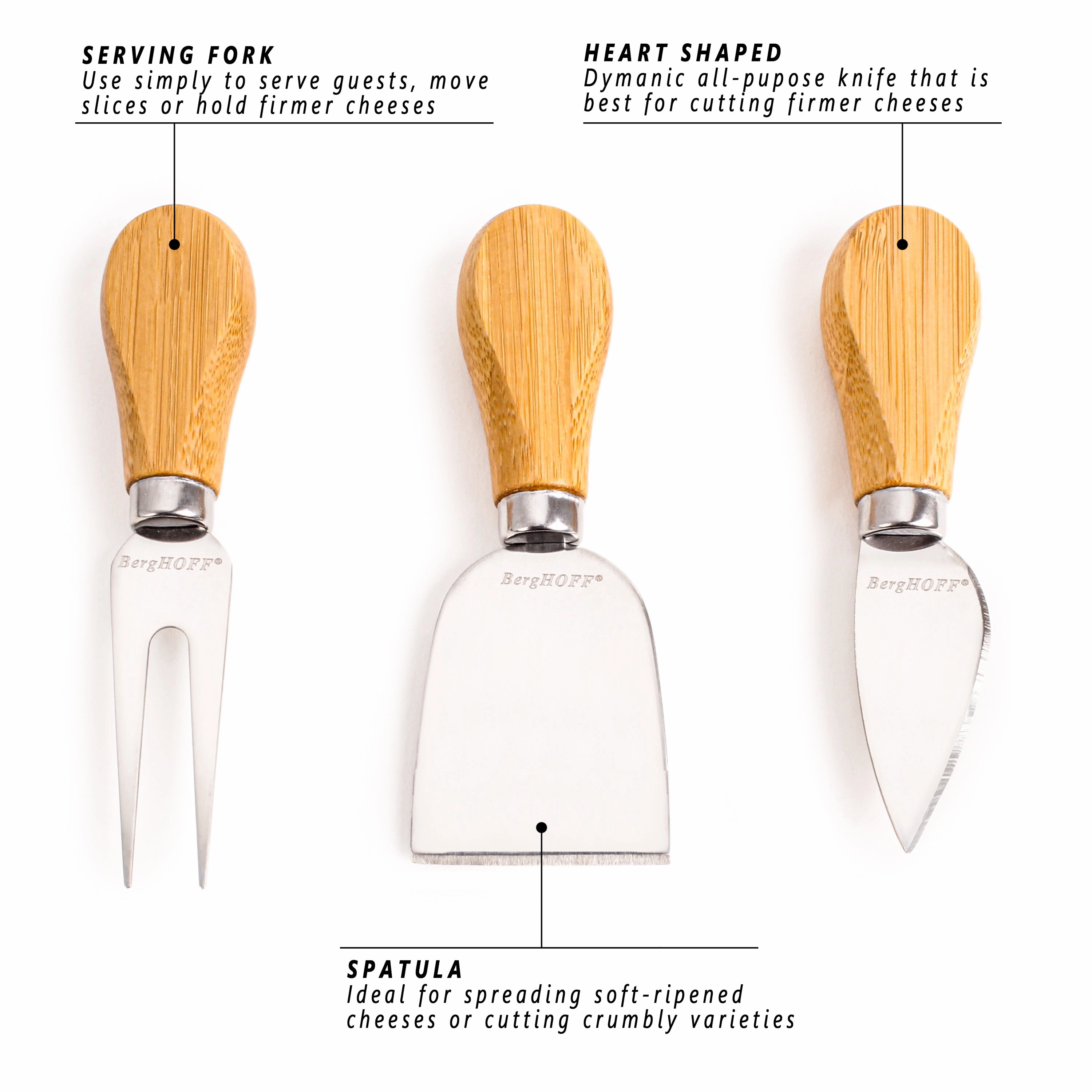 BergHOFF Stainless Steel 4pc Cheese Knives with Bamboo Paddle Board Set, 22x7.9x1"