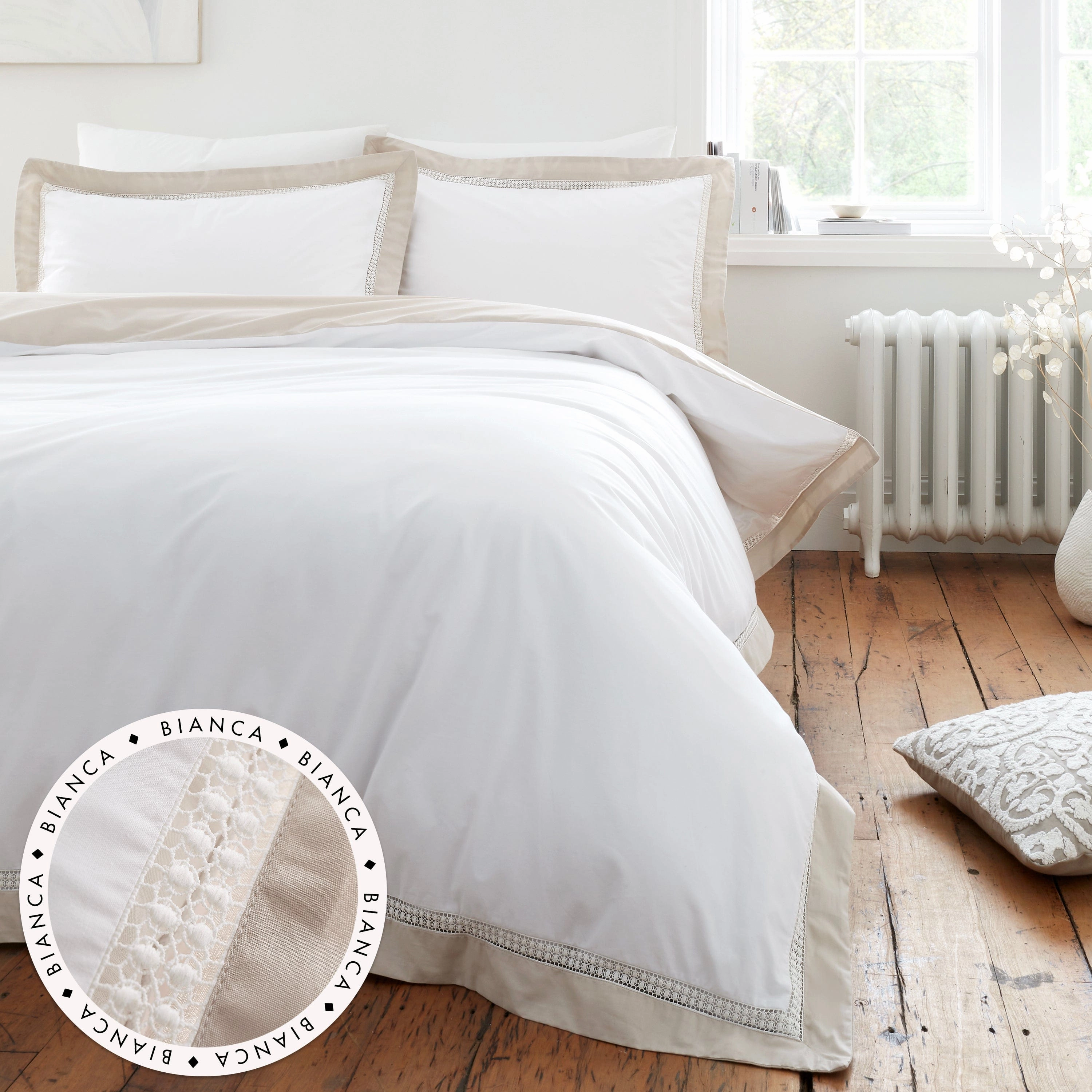 Bianca Fine Linens Oxford Lace 200 Thread Count Cotton Single Duvet Cover Set with Pillowcase White Natural