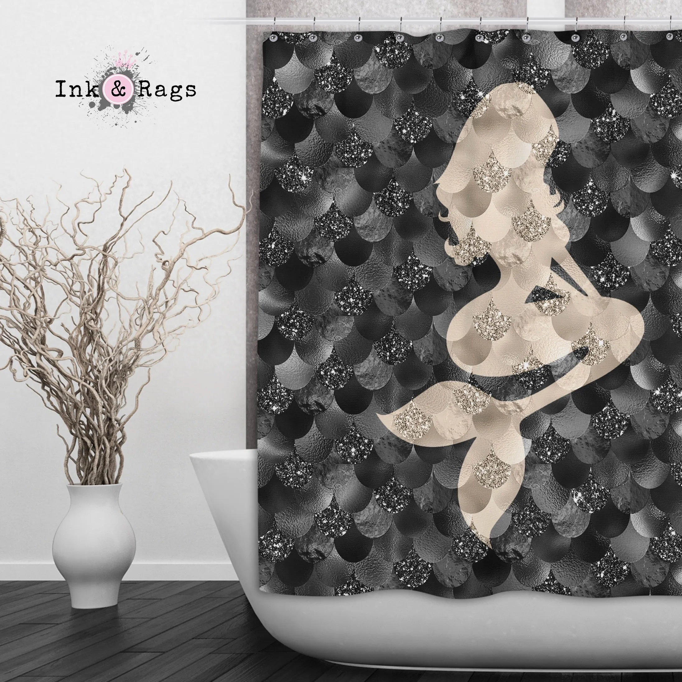 Black and Gold Mermaid Silhouette Shower Curtains and Optional Bath Mats Lighting,Lamps Fixtures