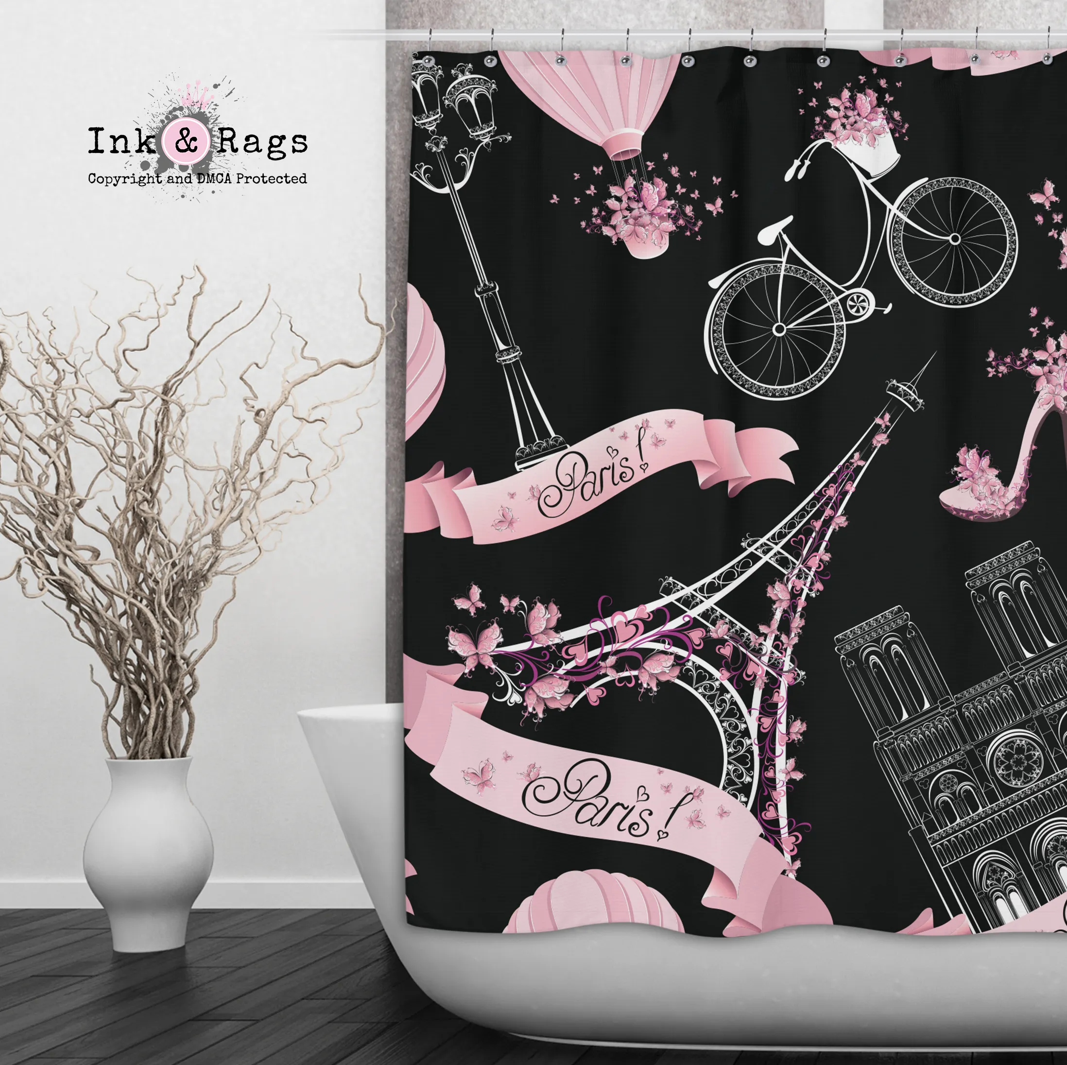 Black and Pink Whimsy in Paris Eiffel Tower Shower Curtains and Optional Bath Mats Lighting,Lamps Fixtures