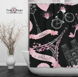 Black and Pink Whimsy in Paris Eiffel Tower Shower Curtains and Optional Bath Mats Lighting,Lamps Fixtures