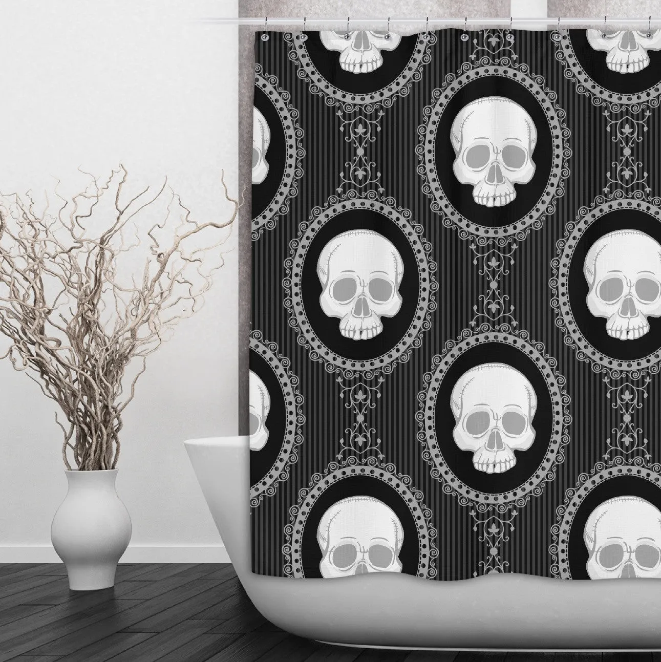 Black and White Cameo Skull Shower Curtains and Optional Bath Mats Lighting,Lamps Fixtures