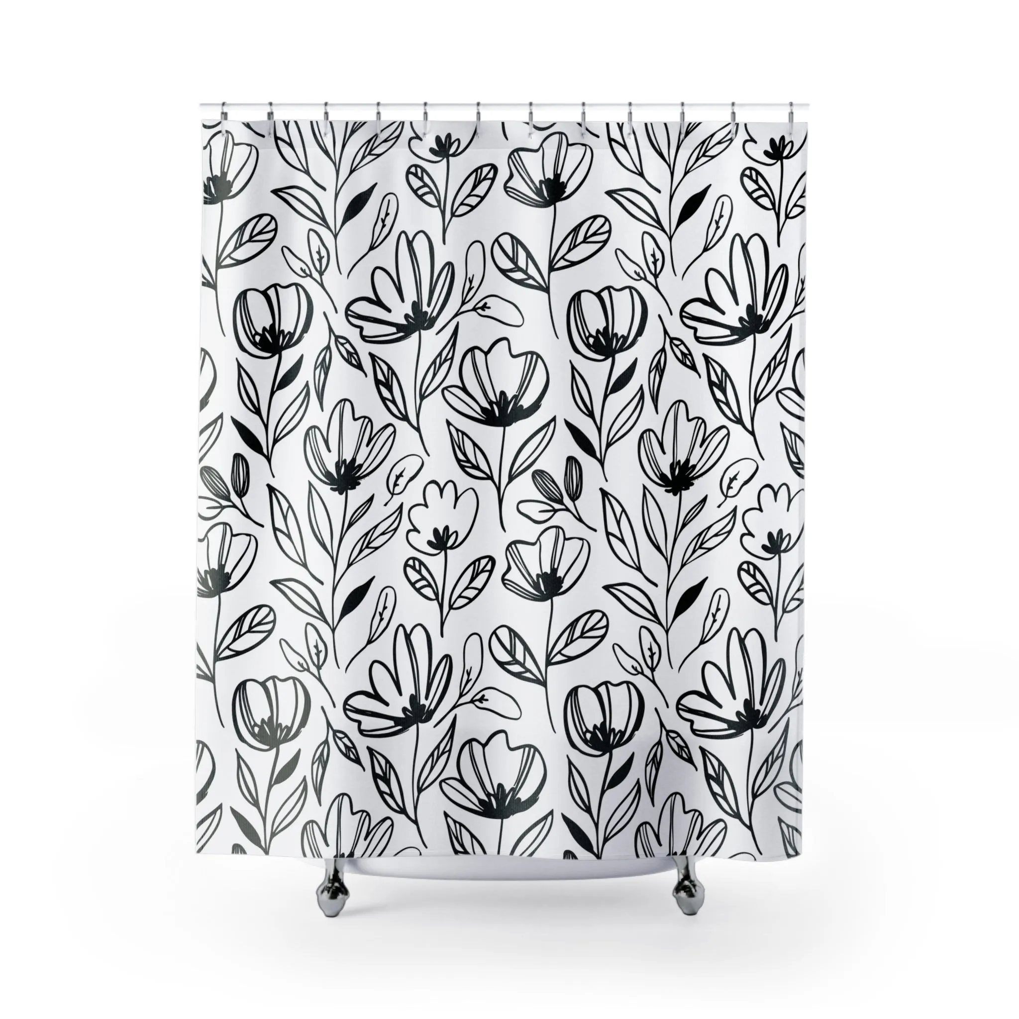 Black and White Fabric Shower Curtain | Cute Floral Bath Curtain Lighting,Home Lighting