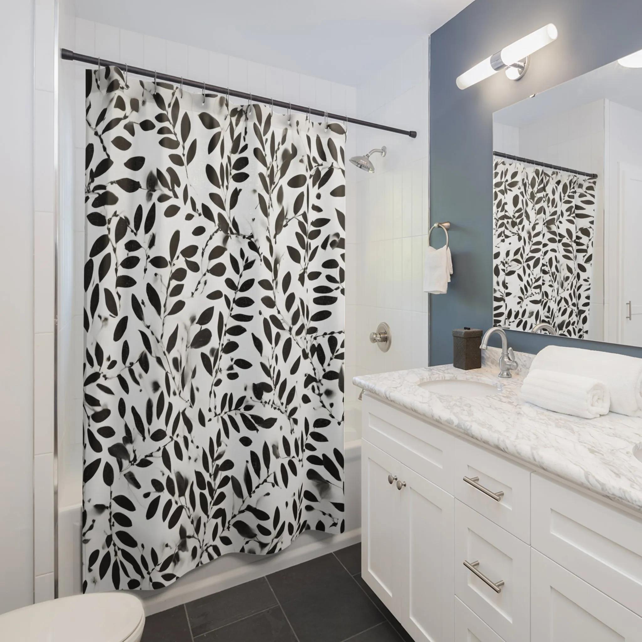 Black and White Fabric Shower Curtain | Floral Bath Curtain