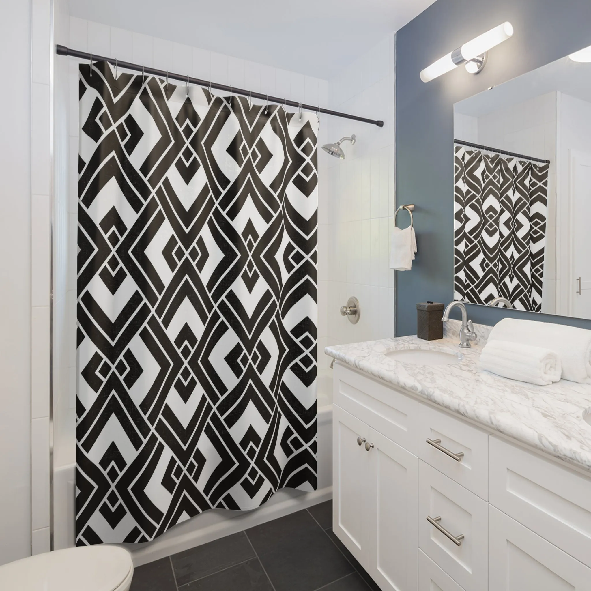 Black and White Shower Curtain | Geometric Black Bath Curtain