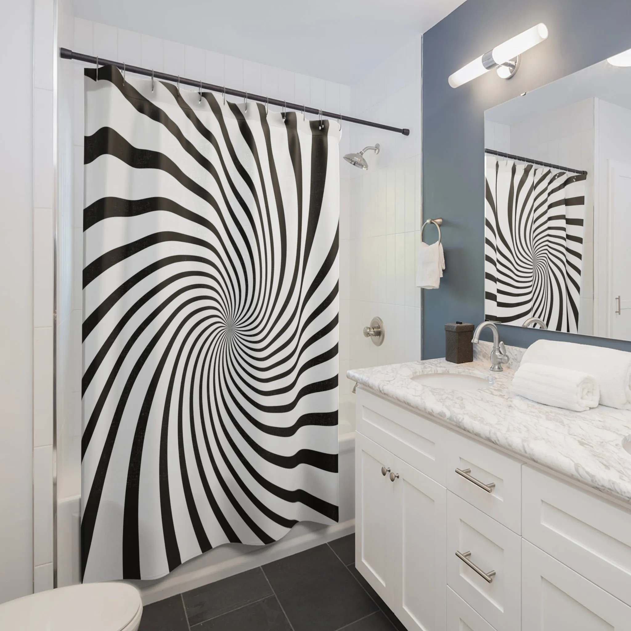 Black and White Shower Curtain | Retro Fabric Bath Curtain