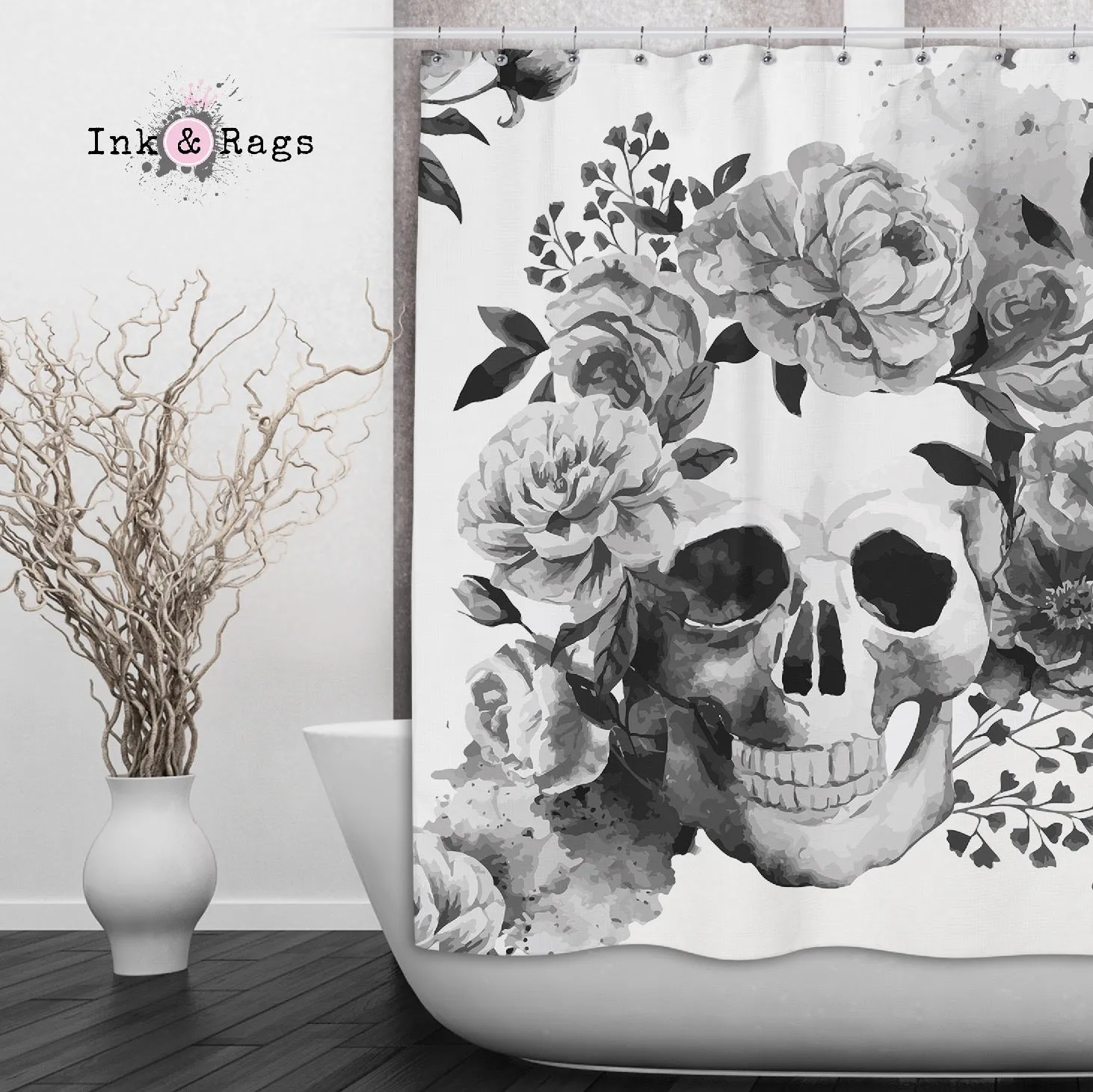Black and White Watercolor Skull Shower Curtains and Optional Bath Mats Lighting,Lamps Fixtures