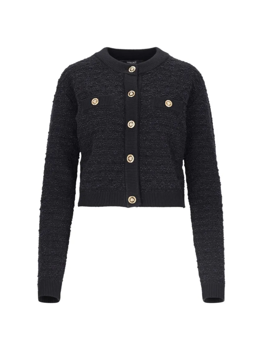 Black Boucl Tweed Crop Cardigan  Black