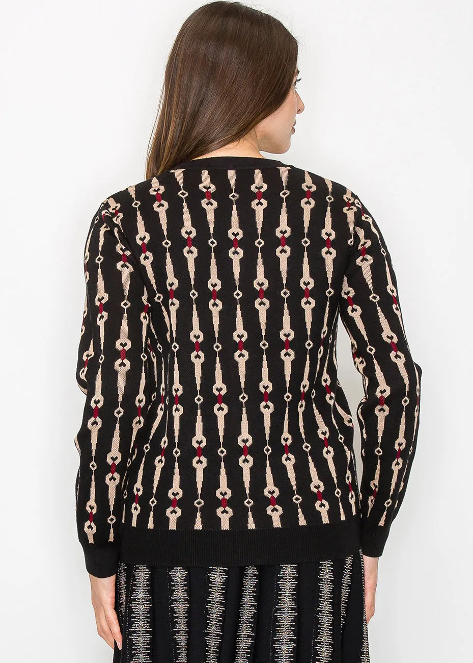 Black Cardigan with Bold Geometric Print