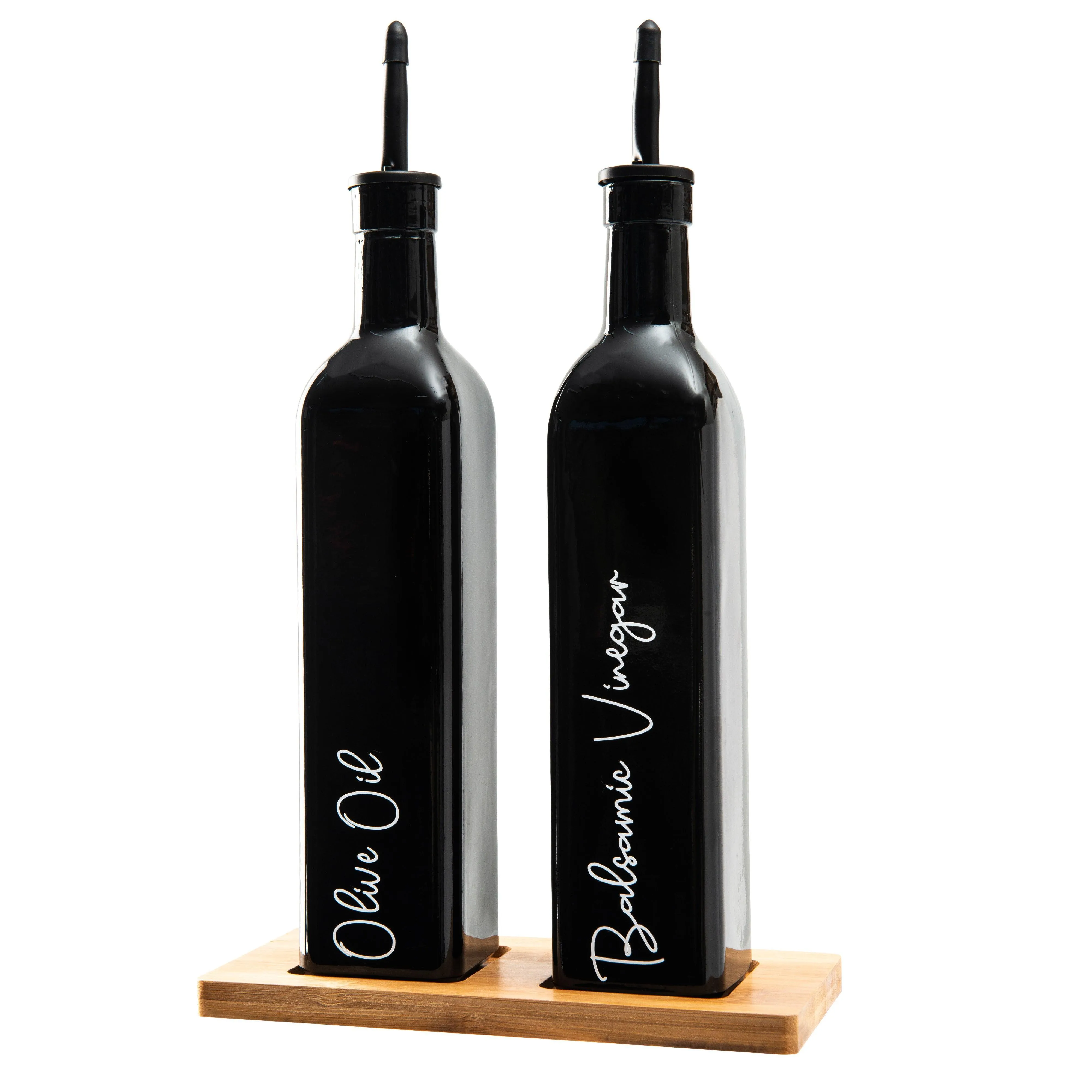 Black Oil & Vinegar bottles with Bamboo tray - 500ml