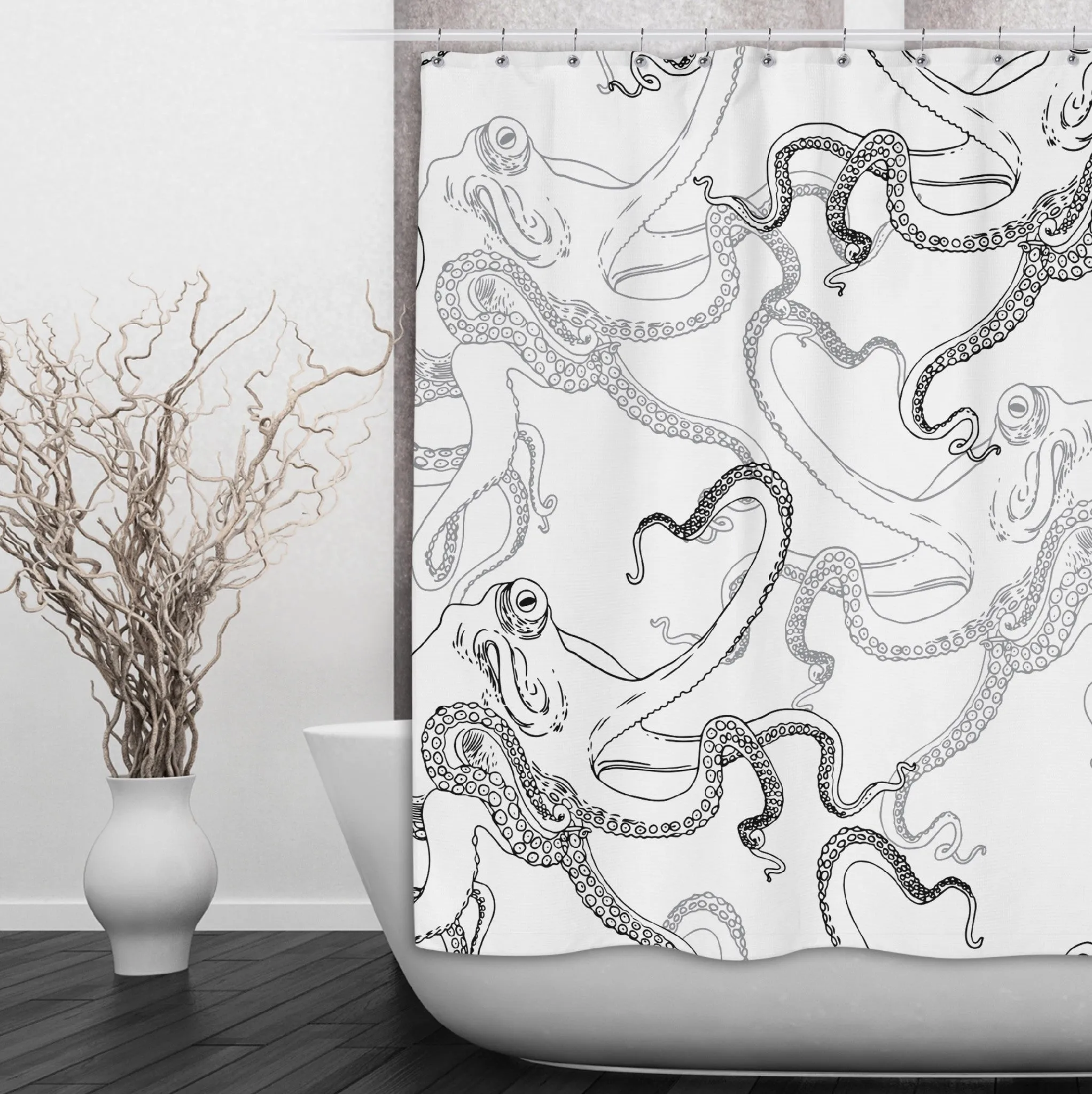 Black on White Octopus Shower Curtains and Optional Bath Mats Lighting,Lamps Fixtures