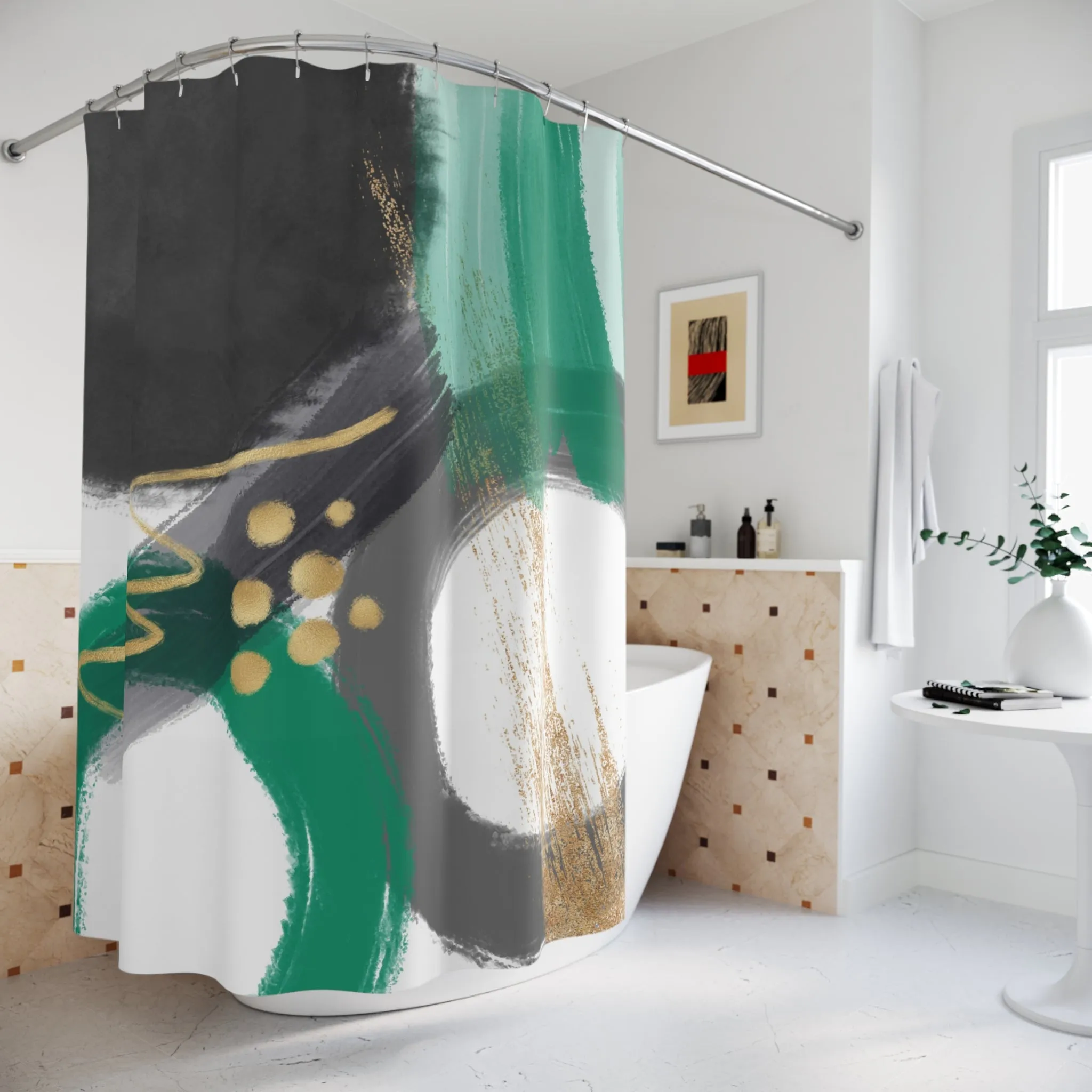 Black White Shower Curtain | Abstract Green Watercolor