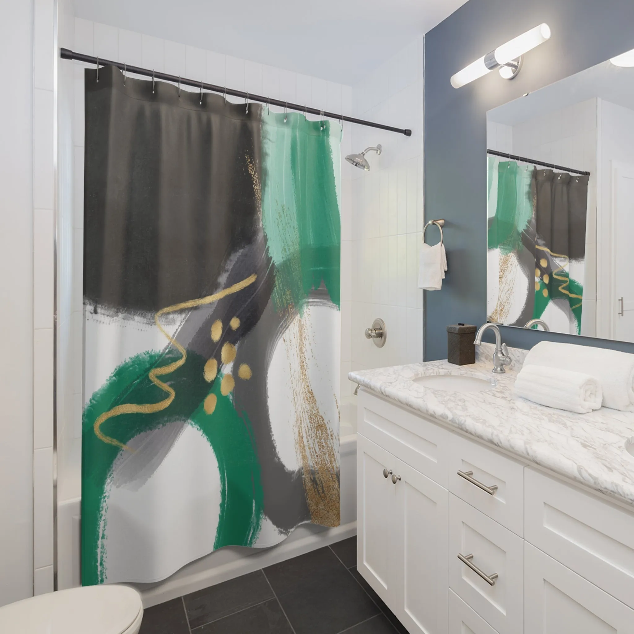 Black White Shower Curtain | Abstract Green Watercolor