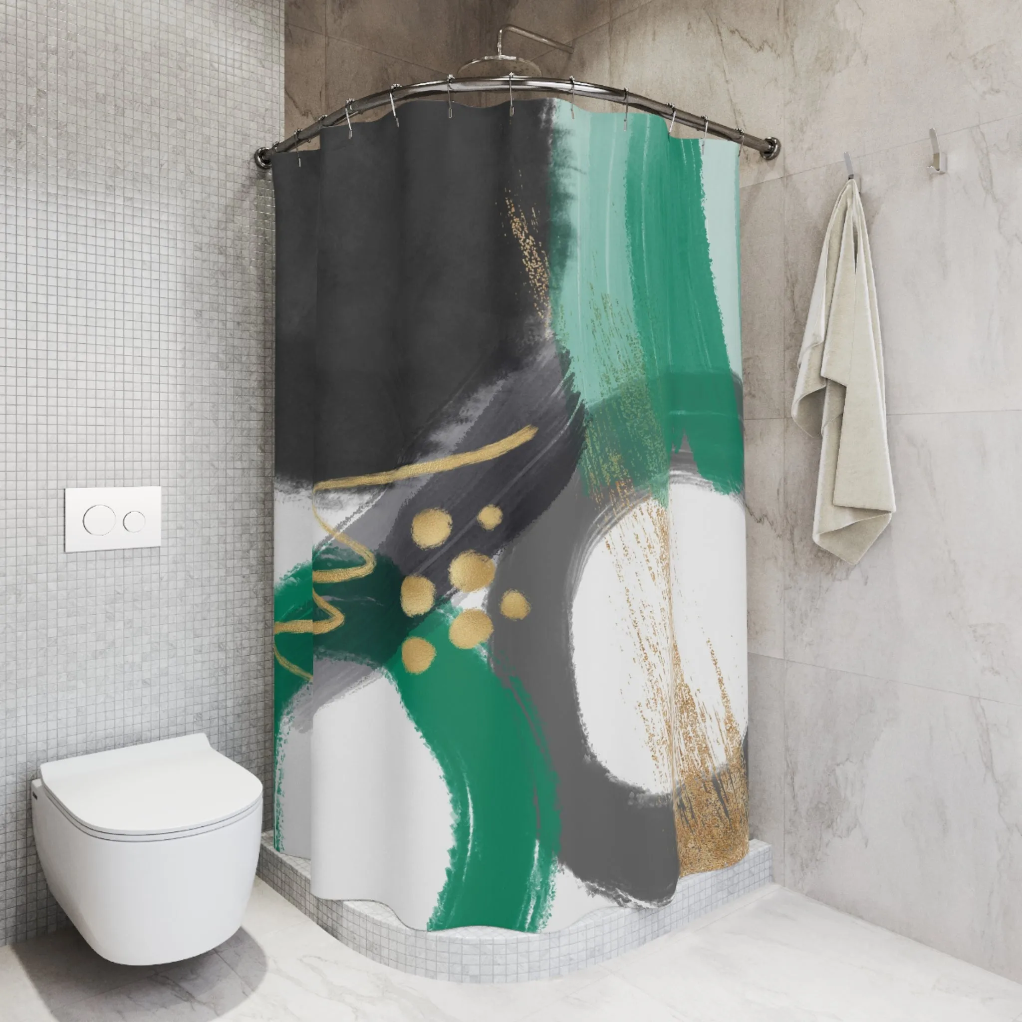 Black White Shower Curtain | Abstract Green Watercolor