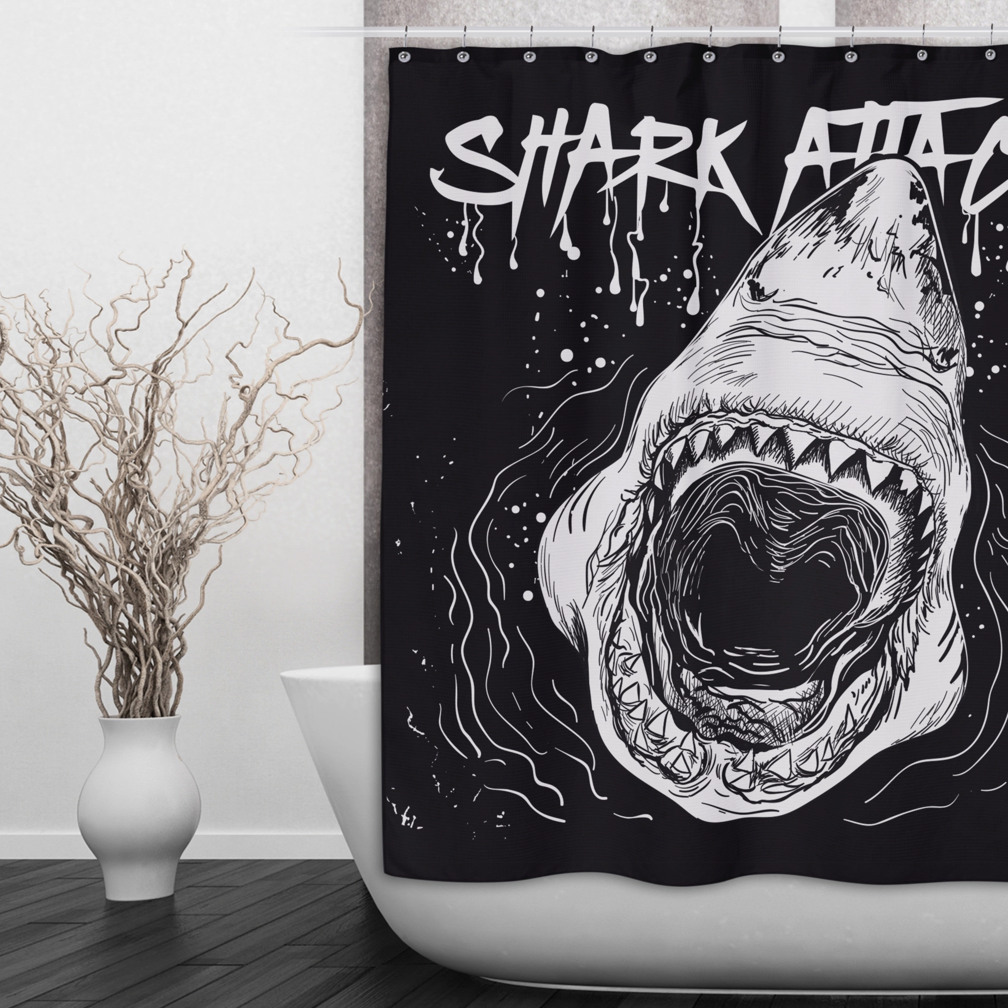 Black and White Shark Attack Shower Curtains and Optional Bath Mats Lighting,Lamps Fixtures
