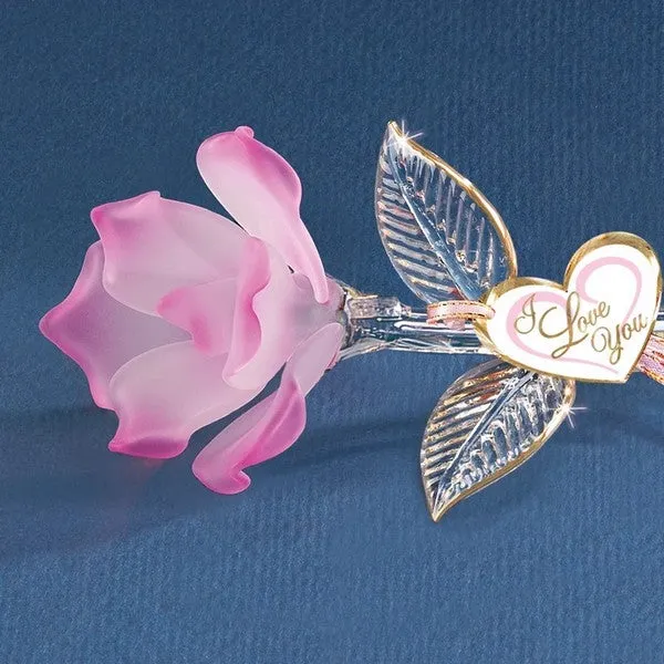Blossoming Pink Rose with 22Kt Gold Trimmed Long Stem Glass Figurine Decorative Mirror,Home Decor Mirror