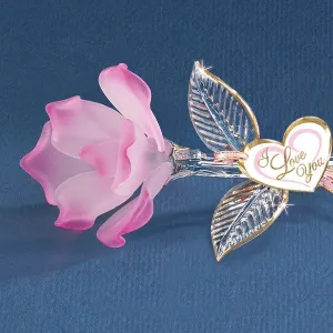 Blossoming Pink Rose with 22Kt Gold Trimmed Long Stem Glass Figurine Decorative Mirror,Home Decor Mirror