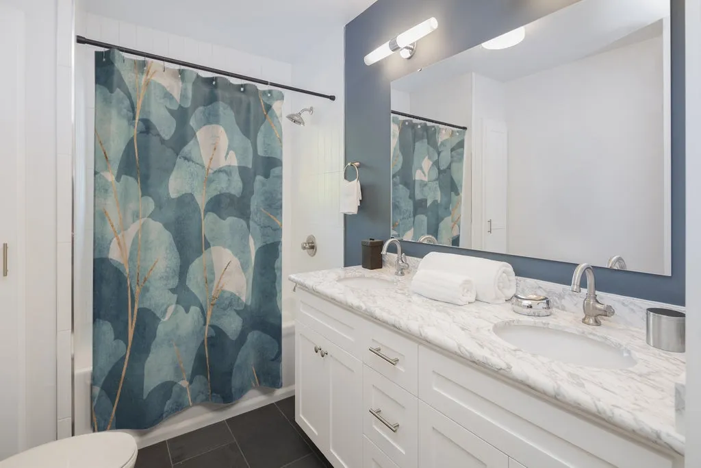 Blue and Beige Ginko Leaves Shower Curtain