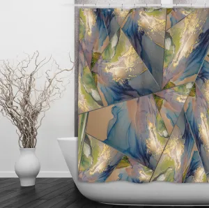 Blue Green Gold Geometric Stained Glass Shower Curtains and Optional Bath Mats Lighting,Lamps Fixtures