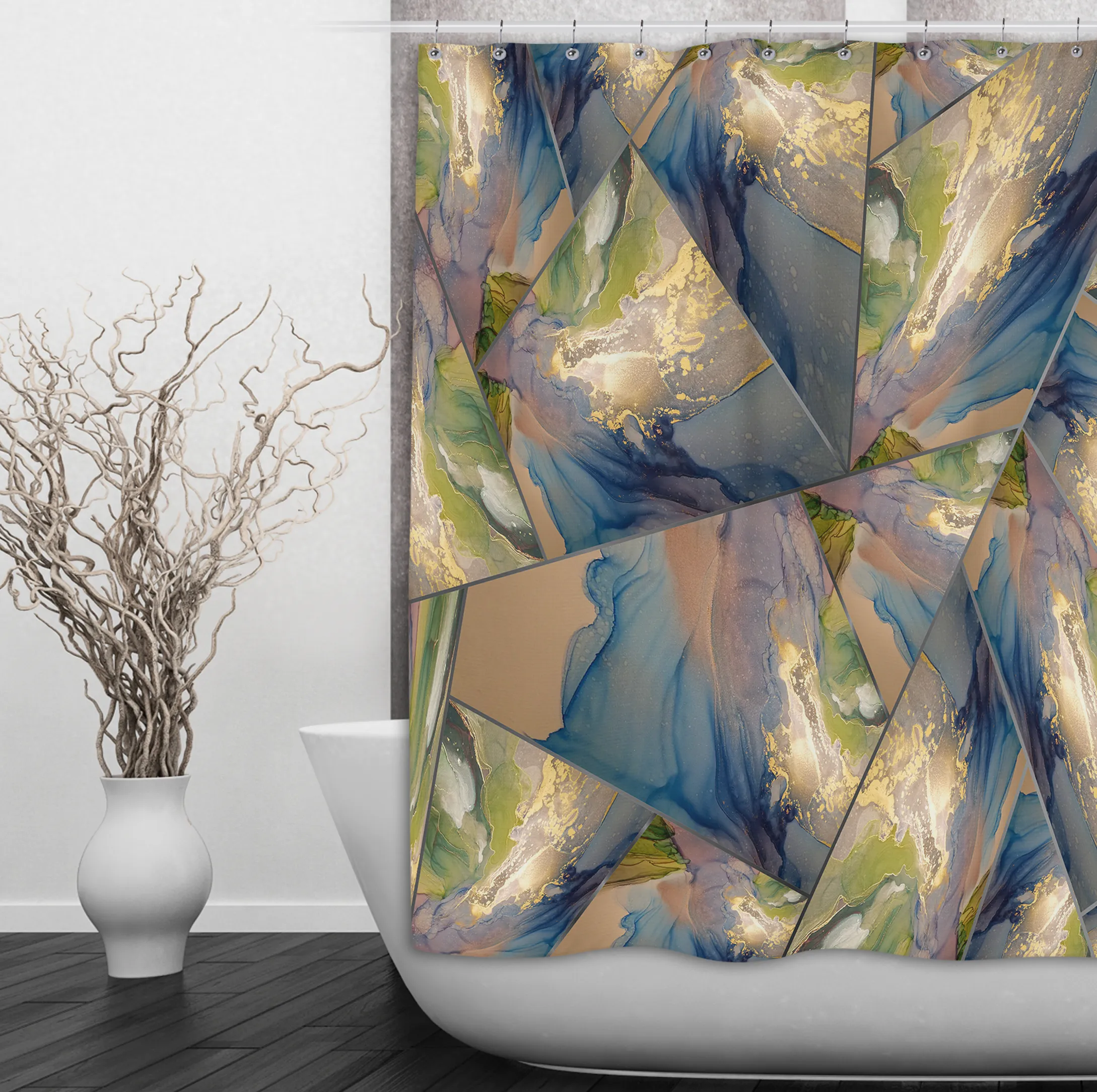 Blue Green Gold Geometric Stained Glass Shower Curtains and Optional Bath Mats Lighting,Lamps Fixtures