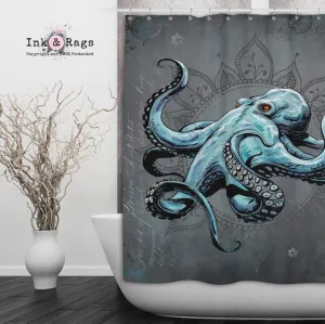 Blue Grey Mandala Octopus Shower Curtains and Optional Bath Mats Lighting,Lamps Fixtures