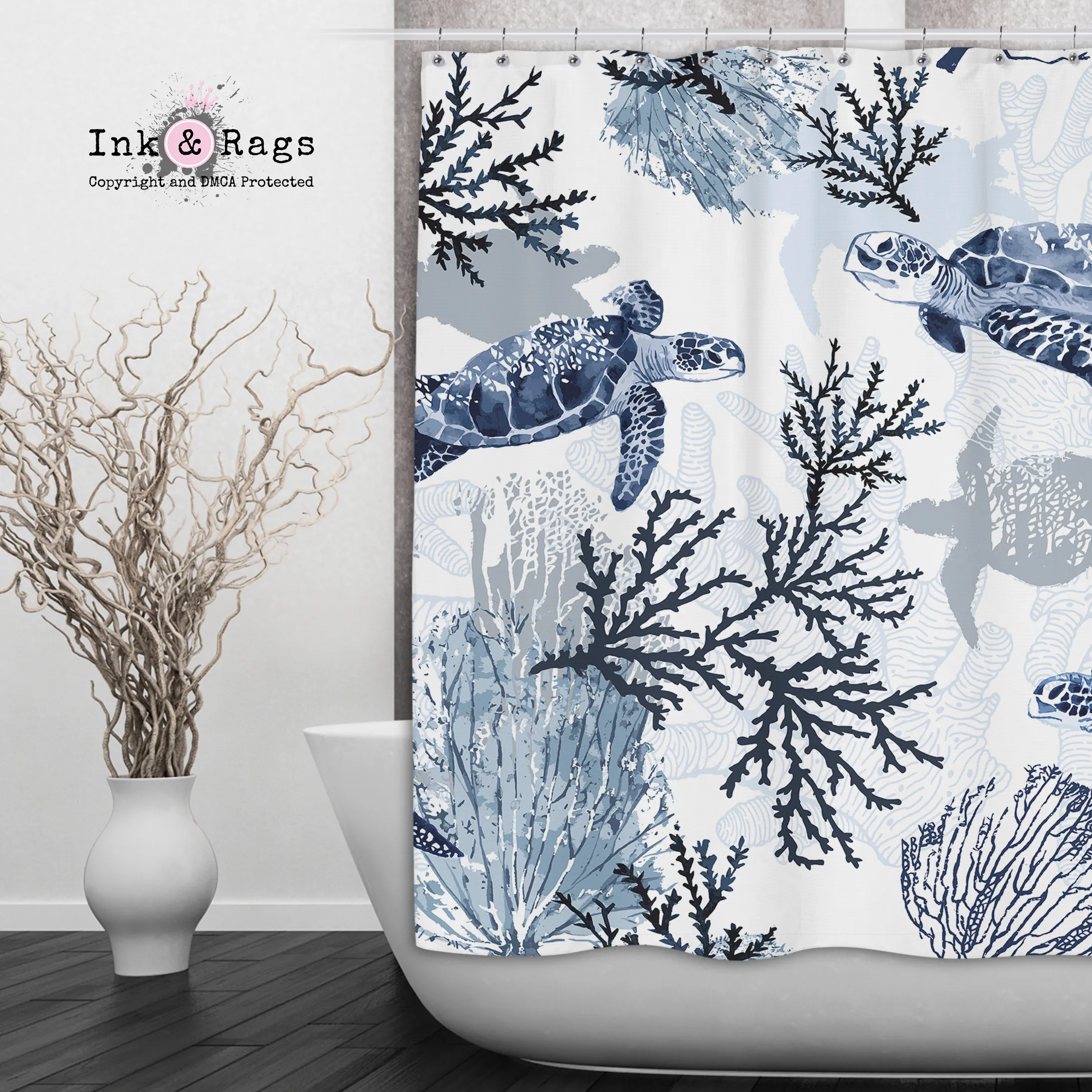 Blue Grey Sea Turtle Coral Beach Theme Shower Curtains and Optional Bath Mats Lighting,Lamps Fixtures