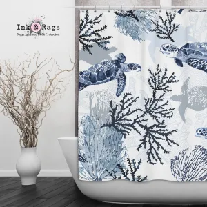 Blue Grey Sea Turtle Coral Beach Theme Shower Curtains and Optional Bath Mats Lighting,Lamps Fixtures