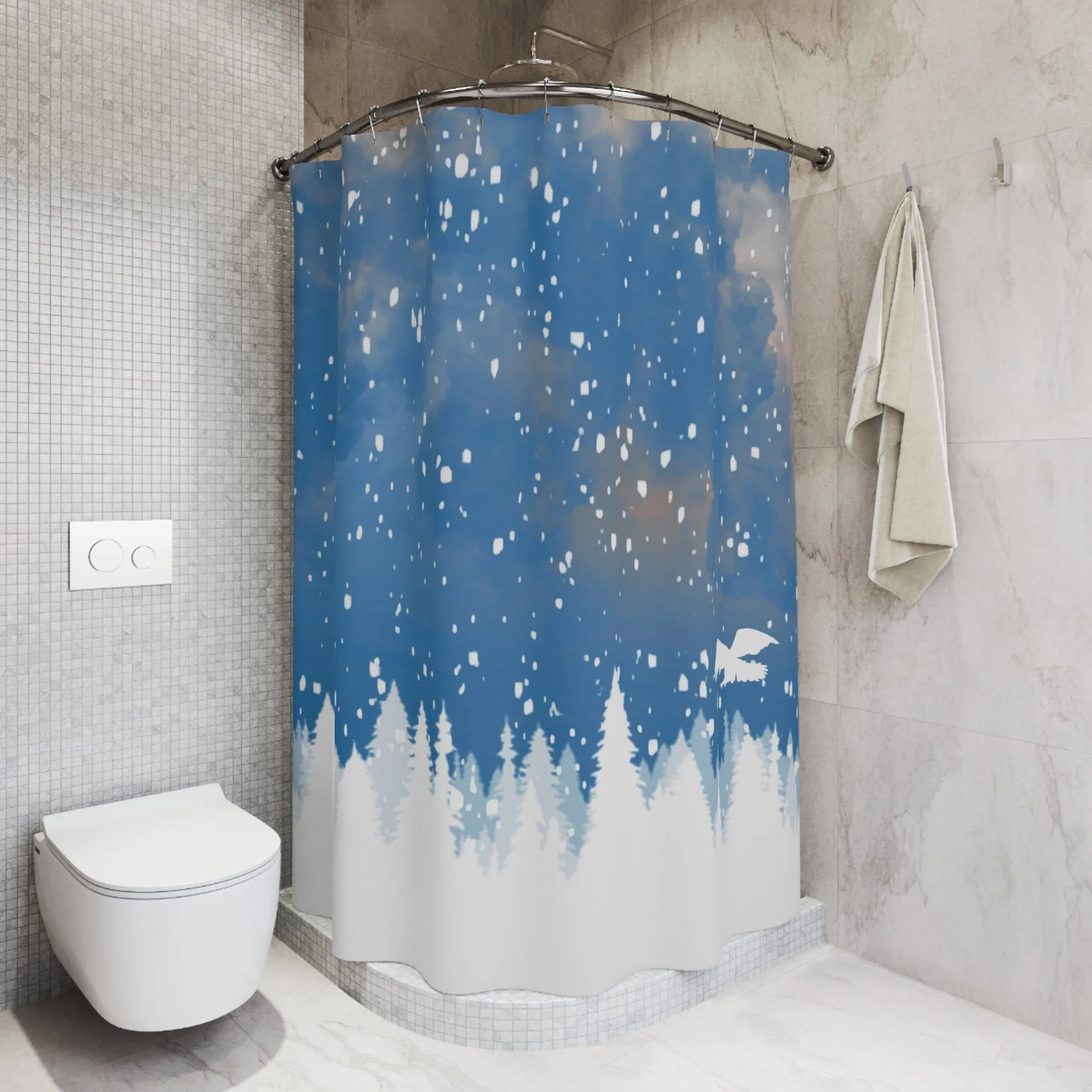 Blue Shower Curtain | White Pine Trees, Winter Snow Flakes