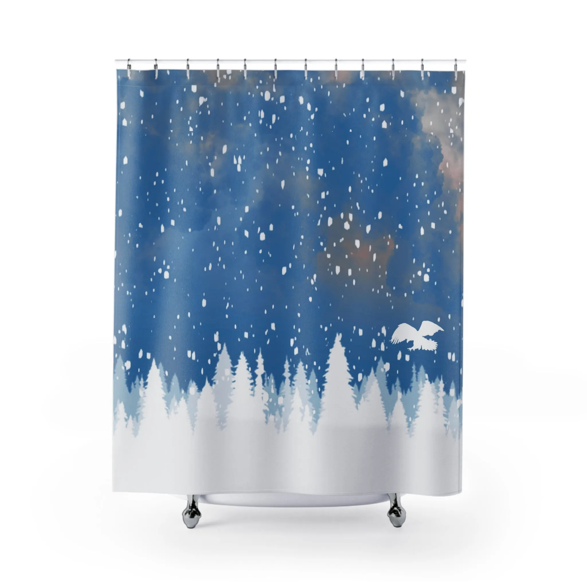 Blue Shower Curtain | White Pine Trees, Winter Snow Flakes Lighting,Home Lighting