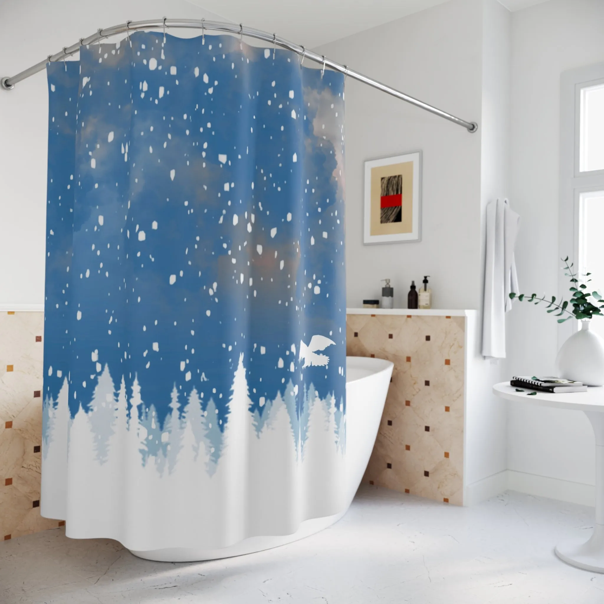 Blue Shower Curtain | White Pine Trees, Winter Snow Flakes