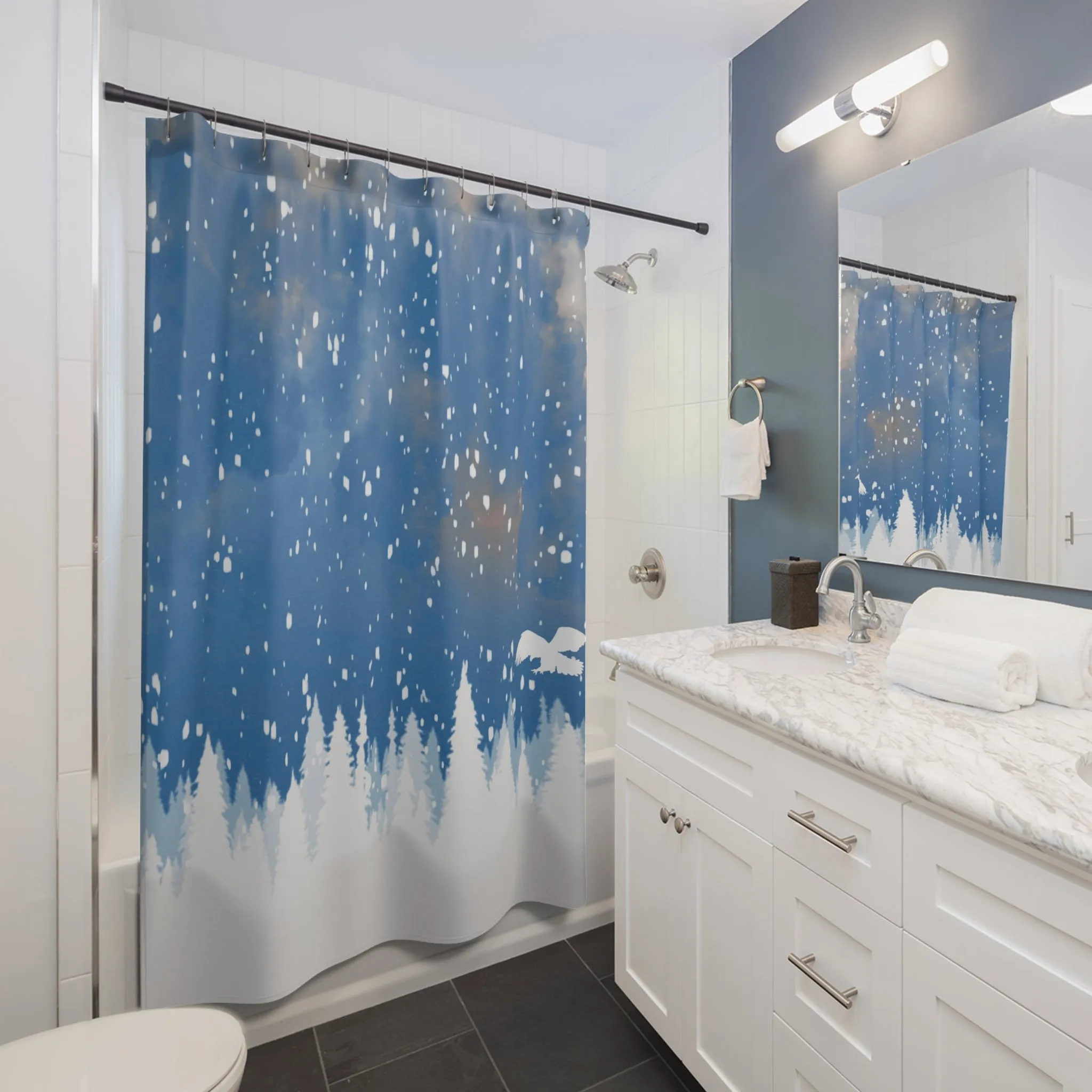 Blue Shower Curtain | White Pine Trees, Winter Snow Flakes