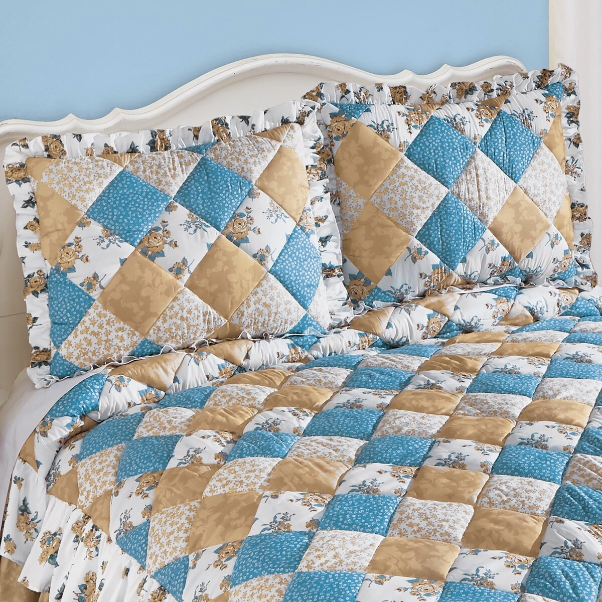Blue Multi-Colored Heather Quilted Ruffled Pillow Sham
