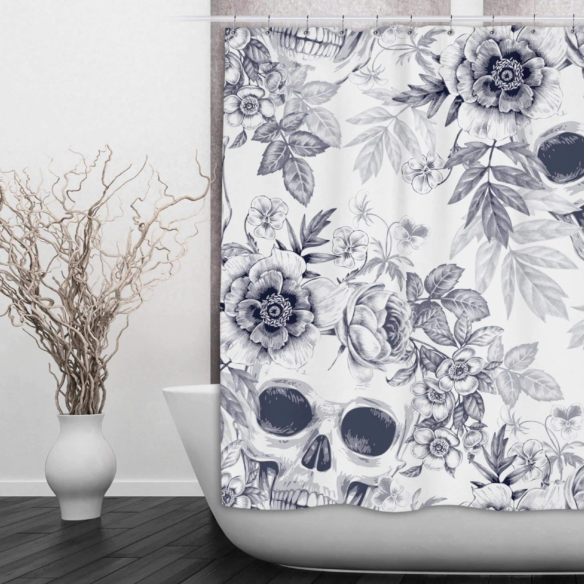 BluePrint on White Flower and Skull Shower Curtains and Optional Bath Mats Lighting,Lamps Fixtures