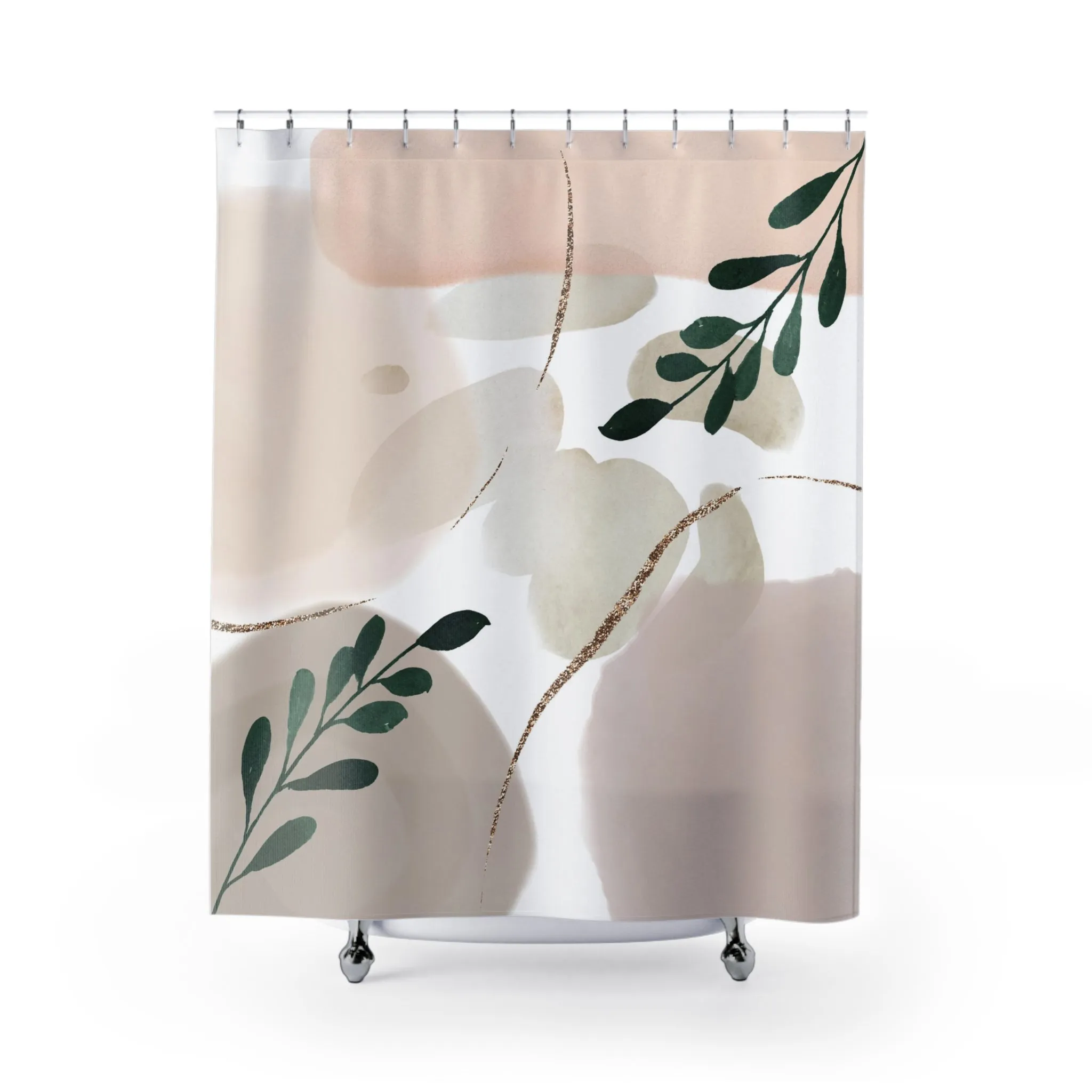 Boho Abstract Shower Curtain | Blush Beige, Green Leaves Lighting,Home Lighting