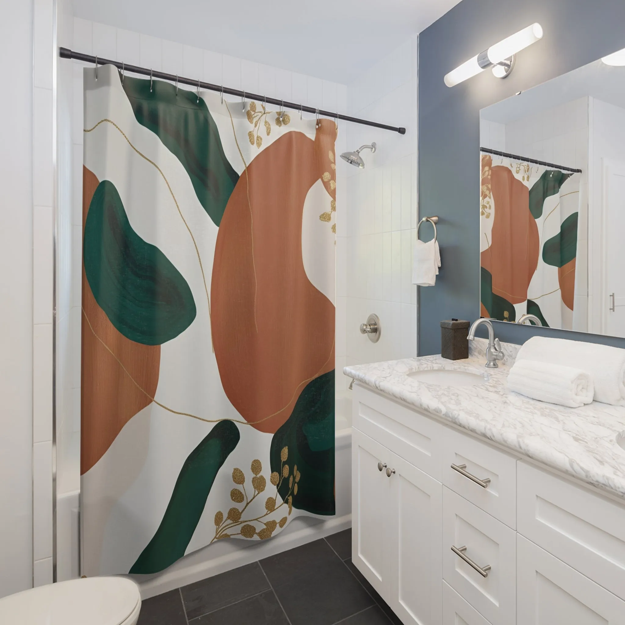 Boho Abstract Shower Curtain | Burnt Orange, Green, Gold Leaves