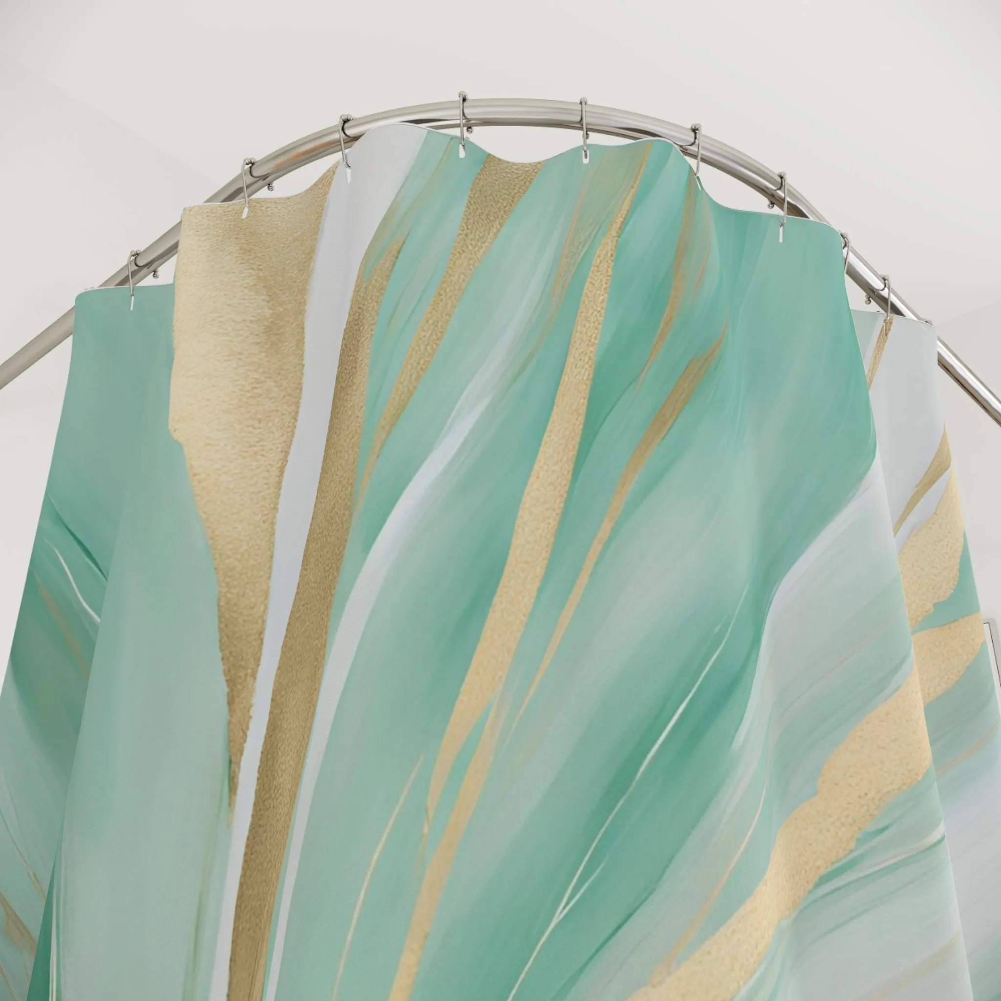 Boho Abstract Shower Curtain | Mint Sage Green, Muted Gold