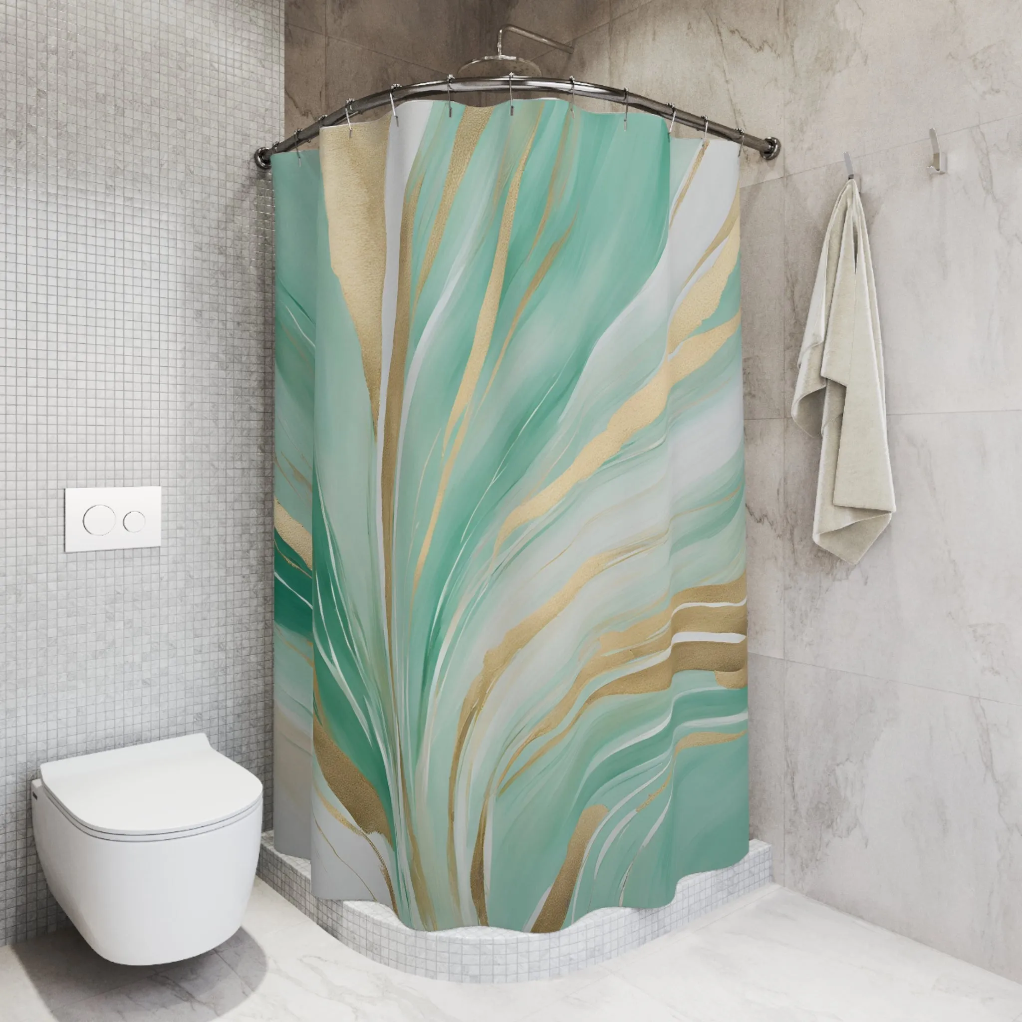 Boho Abstract Shower Curtain | Mint Sage Green, Muted Gold