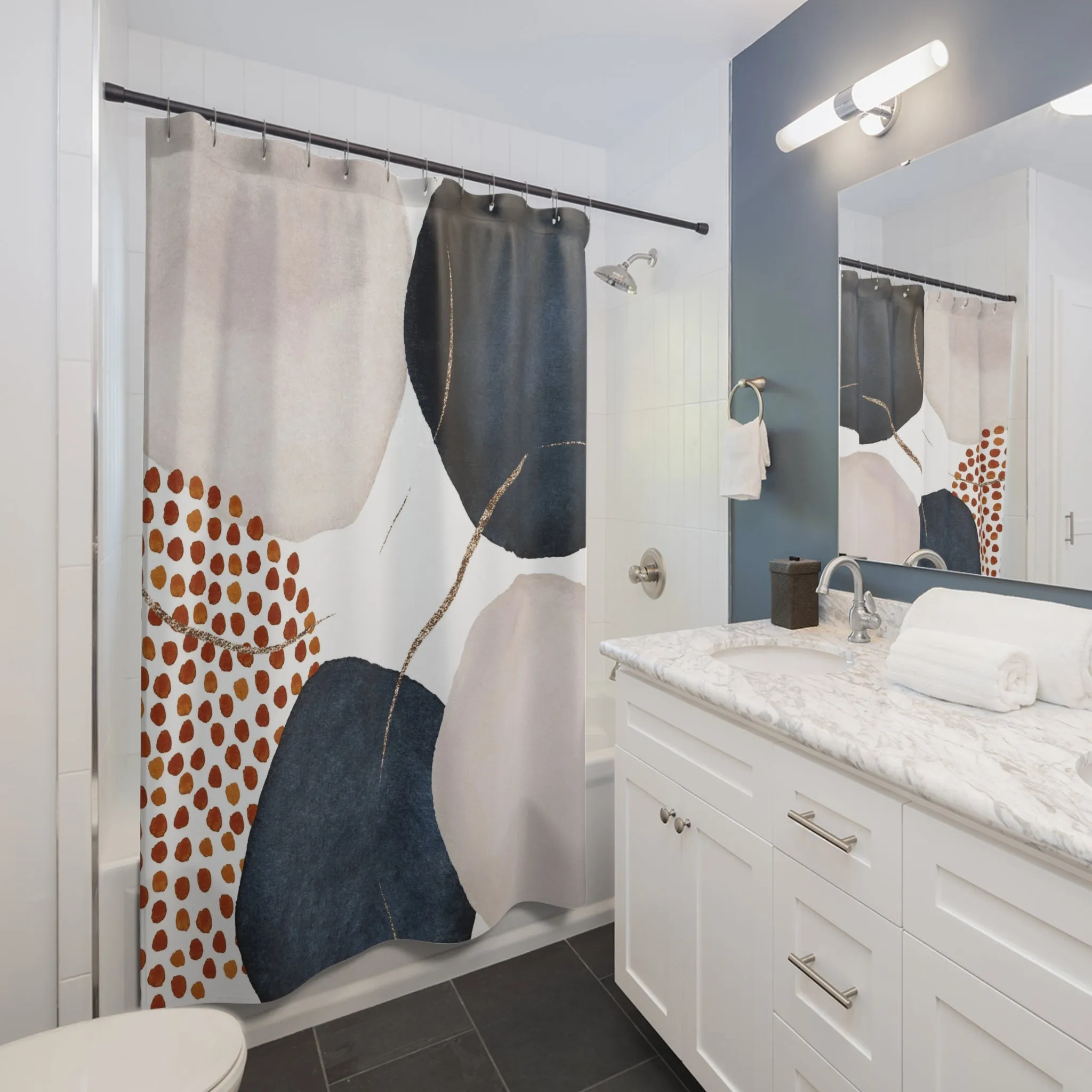 Boho Abstract Shower Curtain | Navy Blue, Cream Rust