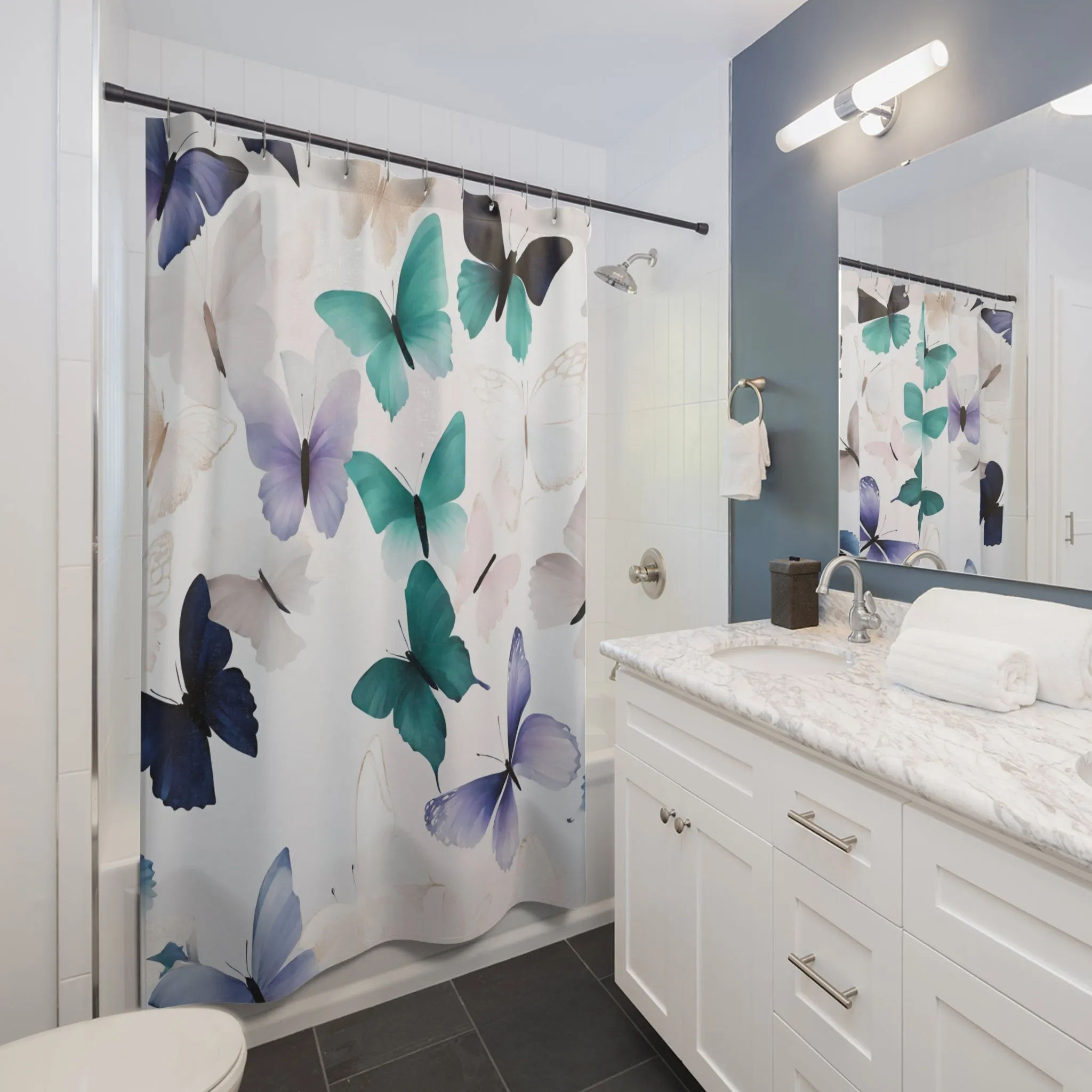 Boho Butterflies Shower Curtain | Teal Green, Navy Blue, Blush Beige White