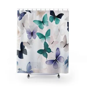 Boho Butterflies Shower Curtain | Teal Green, Navy Blue, Blush Beige White Lighting,Home Lighting