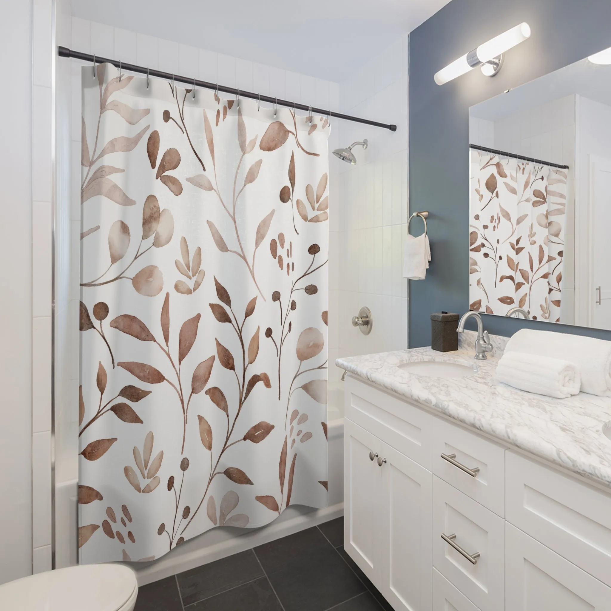 Boho Floral Shower Curtain | Beige White Leaves