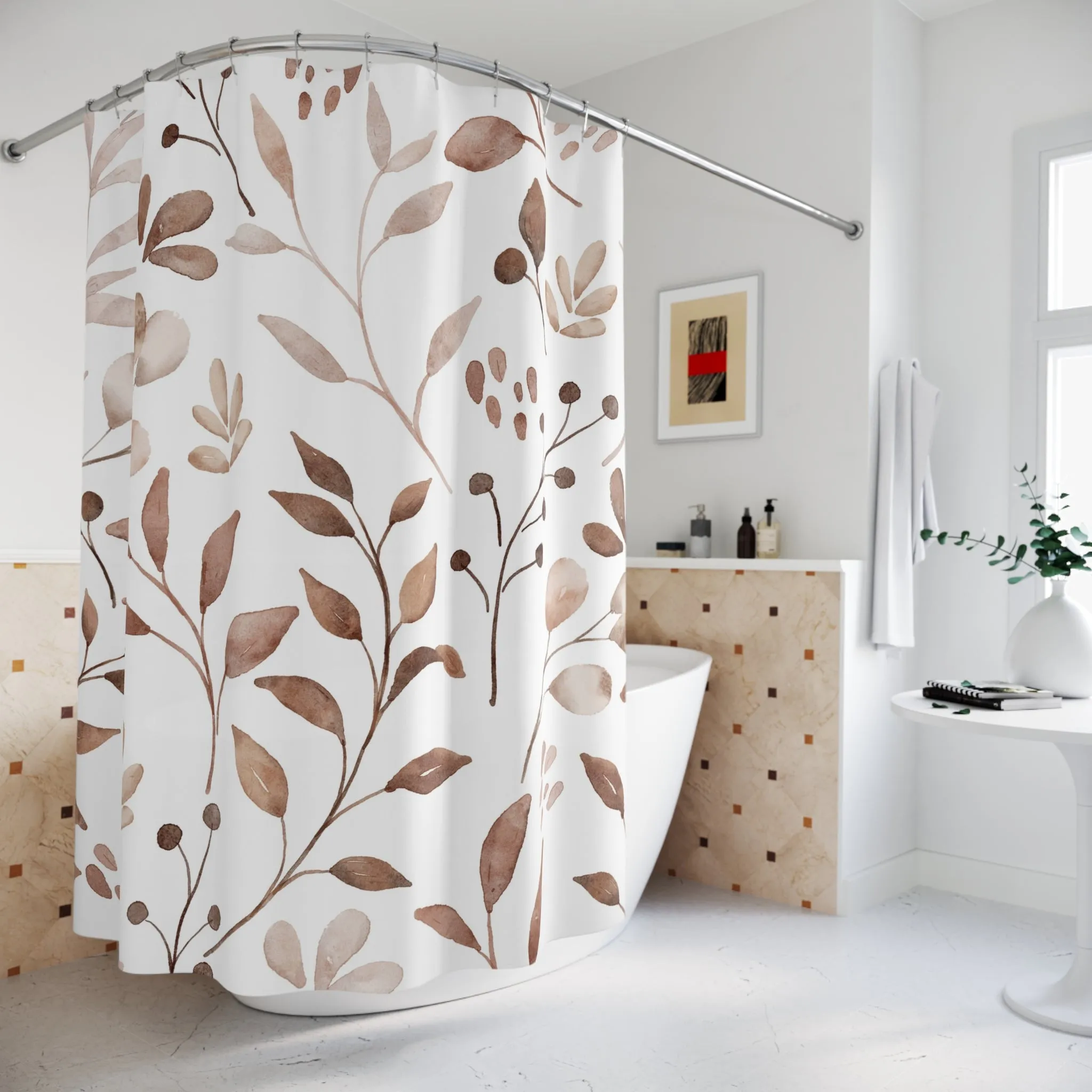 Boho Floral Shower Curtain | Beige White Leaves