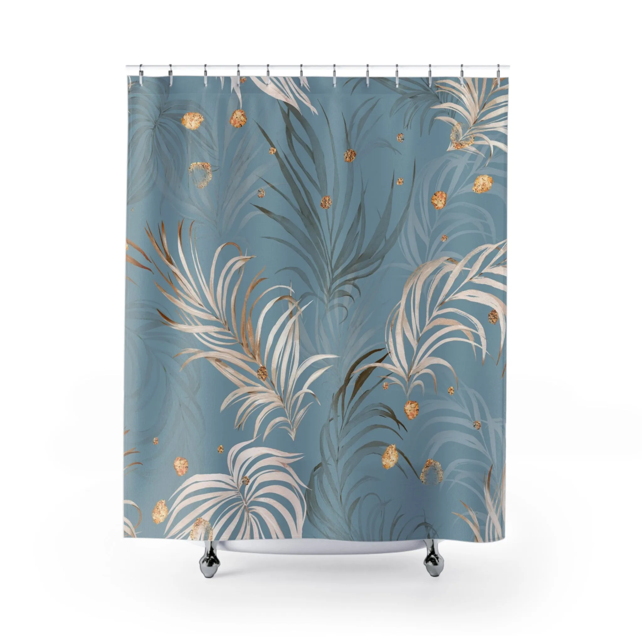 Boho Floral Shower Curtain | Blue Beige, Ivory Palm Leaves Lighting,Home Lighting